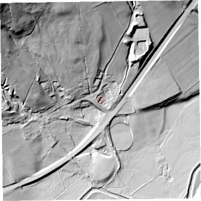Shaded relief map of the ground around CA124TZ, computed from Environment Agency LiDAR. The ground here sits at about 150 m above sea level and falls 74 m across the surrounding 800 m. Surface water reaching this point runs off ground lying to the north-north-west, 40.5 m higher.