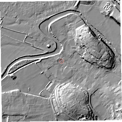 Shaded relief map of the ground around CA125BF, computed from Environment Agency LiDAR. The ground here sits at about 78 m above sea level and falls 18 m across the surrounding 800 m. Surface water reaching this point runs off ground lying to the east-north-east, 15.7 m higher.