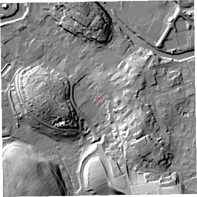 Shaded relief map of the ground around CA125BW, computed from Environment Agency LiDAR. The ground here sits at about 81 m above sea level and falls 24 m across the surrounding 800 m. Surface water reaching this point runs off ground lying to the south-east, 14.4 m higher.