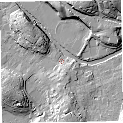 Shaded relief map of the ground around CA125BY, computed from Environment Agency LiDAR. The ground here sits at about 83 m above sea level and falls 30 m across the surrounding 800 m. Surface water reaching this point runs off ground lying to the south-south-east, 7.3 m higher.