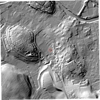 Shaded relief map of the ground around CA125DF, computed from Environment Agency LiDAR. The ground here sits at about 80 m above sea level and falls 36 m across the surrounding 800 m. Surface water reaching this point runs off ground lying to the east-south-east, 14.7 m higher.