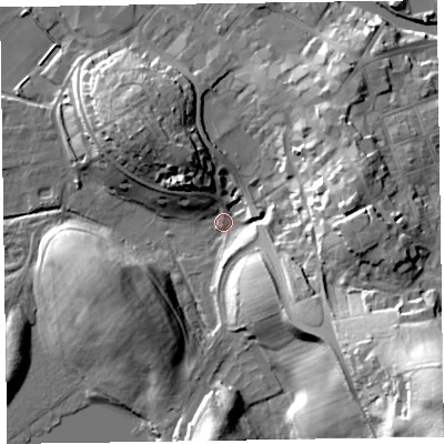 Shaded relief map of the ground around CA125DG, computed from Environment Agency LiDAR. The ground here sits at about 78 m above sea level and falls 41 m across the surrounding 800 m. Surface water reaching this point runs off ground lying to the south-east, 38.5 m higher.