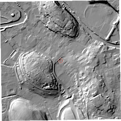 Shaded relief map of the ground around CA125DP, computed from Environment Agency LiDAR. The ground here sits at about 80 m above sea level and falls 21 m across the surrounding 800 m. Surface water reaching this point runs off ground lying to the east, 5.2 m higher.