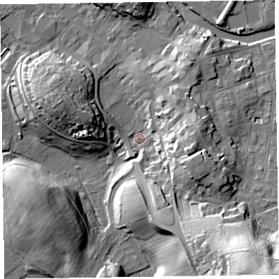 Shaded relief map of the ground around CA125DQ, computed from Environment Agency LiDAR. The ground here sits at about 80 m above sea level and falls 44 m across the surrounding 800 m. Surface water reaching this point runs off ground lying to the south-east, 36.6 m higher.