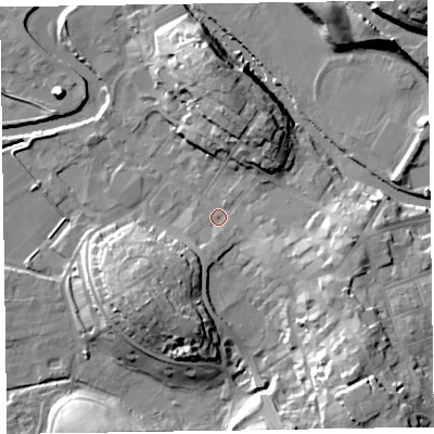 Shaded relief map of the ground around CA125DS, computed from Environment Agency LiDAR. The ground here sits at about 80 m above sea level and falls 26 m across the surrounding 800 m. Surface water reaching this point runs off ground lying to the north-north-east, 10.9 m higher.