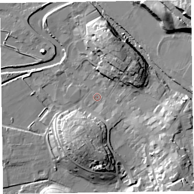 Shaded relief map of the ground around CA125DT, computed from Environment Agency LiDAR. The ground here sits at about 79 m above sea level and falls 25 m across the surrounding 800 m. Surface water reaching this point runs off ground lying to the north-east, 12.7 m higher.