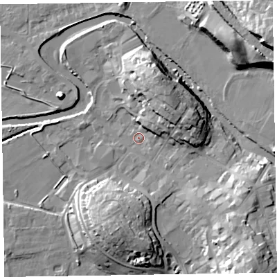 Shaded relief map of the ground around CA125DW, computed from Environment Agency LiDAR. The ground here sits at about 80 m above sea level and falls 25 m across the surrounding 800 m. Surface water reaching this point runs off ground lying to the north-east, 13.0 m higher.