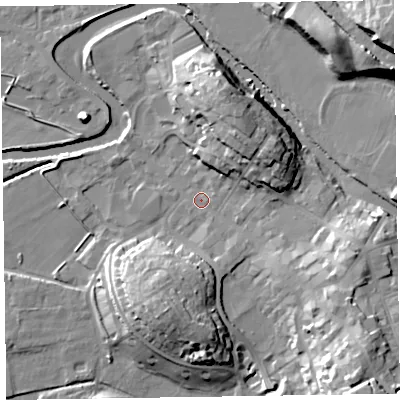 Shaded relief map of the ground around CA125DX, computed from Environment Agency LiDAR. The ground here sits at about 80 m above sea level and falls 25 m across the surrounding 800 m. Surface water reaching this point runs off ground lying to the north-east, 12.8 m higher.