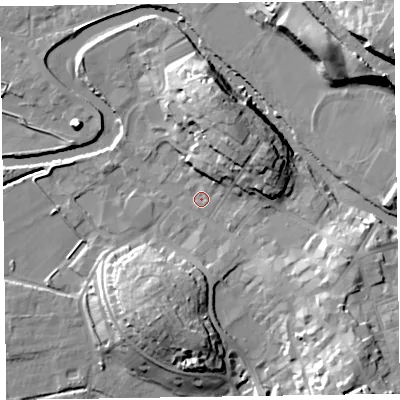 Shaded relief map of the ground around CA125DY, computed from Environment Agency LiDAR. The ground here sits at about 80 m above sea level and falls 26 m across the surrounding 800 m. Surface water reaching this point runs off ground lying to the north-north-east, 12.9 m higher.