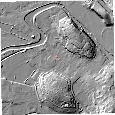 Shaded relief map of the ground around CA125EB, computed from Environment Agency LiDAR. The ground here sits at about 79 m above sea level and falls 21 m across the surrounding 800 m. Surface water reaching this point runs off ground lying to the north-east, 13.5 m higher.
