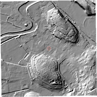 Shaded relief map of the ground around CA125ED, computed from Environment Agency LiDAR. The ground here sits at about 79 m above sea level and falls 23 m across the surrounding 800 m. Surface water reaching this point runs off ground lying to the north-east, 13.6 m higher.