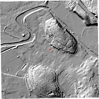 Shaded relief map of the ground around CA125EF, computed from Environment Agency LiDAR. The ground here sits at about 79 m above sea level and falls 24 m across the surrounding 800 m. Surface water reaching this point runs off ground lying to the east-north-east, 12.3 m higher.