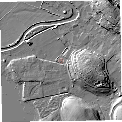 Shaded relief map of the ground around CA125EG, computed from Environment Agency LiDAR. The ground here sits at about 77 m above sea level and falls 18 m across the surrounding 800 m. Surface water reaching this point runs off ground lying to the east-south-east, 7.0 m higher.