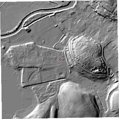 Shaded relief map of the ground around CA125EN, computed from Environment Agency LiDAR. The ground here sits at about 78 m above sea level and falls 18 m across the surrounding 800 m. Surface water reaching this point runs off ground lying to the west-south-west, 1.6 m higher.