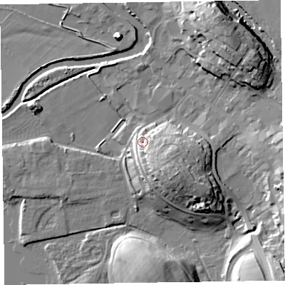 Shaded relief map of the ground around CA125EQ, computed from Environment Agency LiDAR. The ground here sits at about 83 m above sea level and falls 18 m across the surrounding 800 m. Surface water reaching this point runs off ground lying to the south-east, 9.6 m higher.