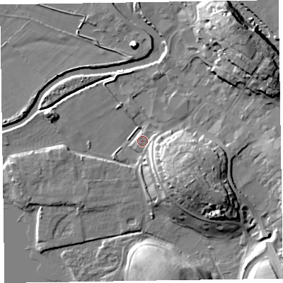 Shaded relief map of the ground around CA125EU, computed from Environment Agency LiDAR. The ground here sits at about 78 m above sea level and falls 18 m across the surrounding 800 m. Surface water reaching this point runs off ground lying to the north-east, 16.6 m higher.