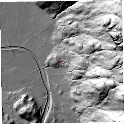 Shaded relief map of the ground around CA125FA, computed from Environment Agency LiDAR. The ground here sits at about 99 m above sea level and falls 193 m across the surrounding 800 m. Surface water reaching this point runs off ground lying to the east, 52.1 m higher.