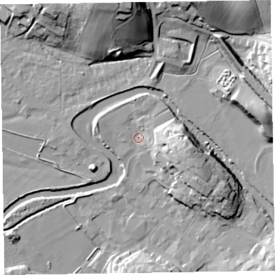 Shaded relief map of the ground around CA125FD, computed from Environment Agency LiDAR. The ground here sits at about 79 m above sea level and falls 27 m across the surrounding 800 m. Surface water reaching this point runs off ground lying to the east-south-east, 14.2 m higher.