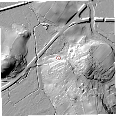 Shaded relief map of the ground around CA125FH, computed from Environment Agency LiDAR. The ground here sits at about 78 m above sea level and falls 30 m across the surrounding 800 m. Surface water reaching this point runs off ground lying to the south-east, 10.8 m higher.