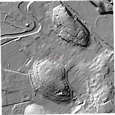 Shaded relief map of the ground around CA125HD, computed from Environment Agency LiDAR. The ground here sits at about 79 m above sea level and falls 24 m across the surrounding 800 m. Surface water reaching this point runs off ground lying to the south-east, 3.0 m higher.
