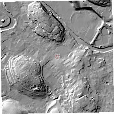 Shaded relief map of the ground around CA125JD, computed from Environment Agency LiDAR. The ground here sits at about 82 m above sea level and falls 24 m across the surrounding 800 m. Surface water reaching this point runs off ground lying to the south-south-east, 2.2 m higher.