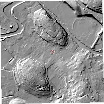 Shaded relief map of the ground around CA125JP, computed from Environment Agency LiDAR. The ground here sits at about 81 m above sea level and falls 27 m across the surrounding 800 m. Surface water reaching this point runs off ground lying to the north-north-east, 10.8 m higher.
