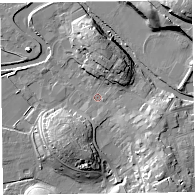 Shaded relief map of the ground around CA125JT, computed from Environment Agency LiDAR. The ground here sits at about 80 m above sea level and falls 27 m across the surrounding 800 m. Surface water reaching this point runs off ground lying to the north-north-east, 12.2 m higher.