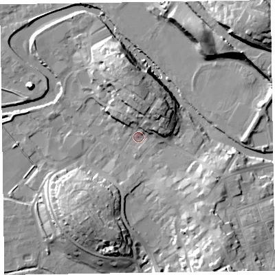 Shaded relief map of the ground around CA125JU, computed from Environment Agency LiDAR. The ground here sits at about 80 m above sea level and falls 27 m across the surrounding 800 m. Surface water reaching this point runs off ground lying to the north, 12.0 m higher.
