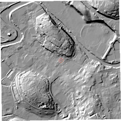 Shaded relief map of the ground around CA125JY, computed from Environment Agency LiDAR. The ground here sits at about 81 m above sea level and falls 26 m across the surrounding 800 m. Surface water reaching this point runs off ground lying to the north-north-east, 11.2 m higher.