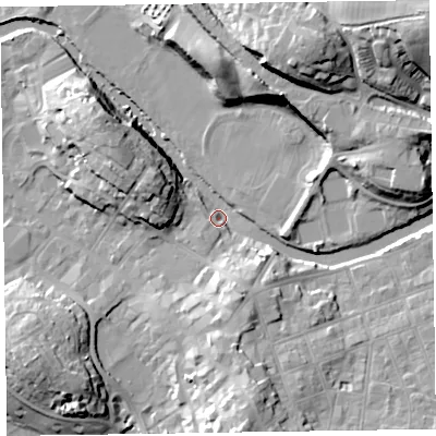 Shaded relief map of the ground around CA125LD, computed from Environment Agency LiDAR. The ground here sits at about 81 m above sea level and falls 31 m across the surrounding 800 m. Surface water reaching this point runs off ground lying to the south, 15.6 m higher.