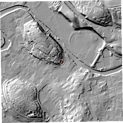 Shaded relief map of the ground around CA125LE, computed from Environment Agency LiDAR. The ground here sits at about 84 m above sea level and falls 28 m across the surrounding 800 m. Surface water reaching this point runs off ground lying to the north-north-east, 1.7 m higher.