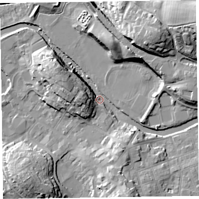 Shaded relief map of the ground around CA125LF, computed from Environment Agency LiDAR. The ground here sits at about 80 m above sea level and falls 29 m across the surrounding 800 m. Surface water reaching this point runs off ground lying to the south-south-east, 14.4 m higher.