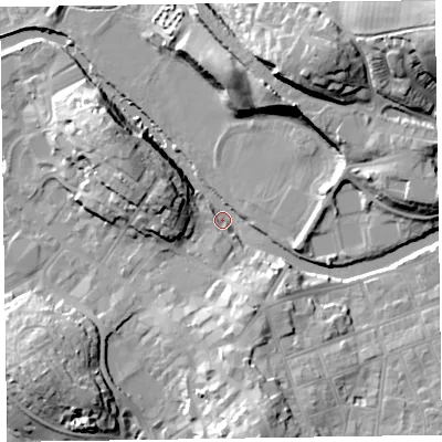 Shaded relief map of the ground around CA125LG, computed from Environment Agency LiDAR. The ground here sits at about 81 m above sea level and falls 30 m across the surrounding 800 m. Surface water reaching this point runs off ground lying to the south, 15.4 m higher.