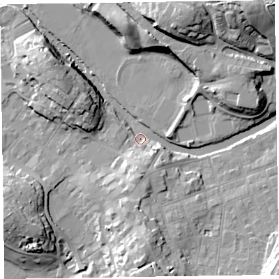 Shaded relief map of the ground around CA125LH, computed from Environment Agency LiDAR. The ground here sits at about 82 m above sea level and falls 33 m across the surrounding 800 m. Surface water reaching this point runs off ground lying to the south-east, 17.5 m higher.