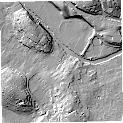 Shaded relief map of the ground around CA125LJ, computed from Environment Agency LiDAR. The ground here sits at about 83 m above sea level and falls 29 m across the surrounding 800 m. Surface water reaching this point runs off ground lying to the south-south-east, 7.2 m higher.