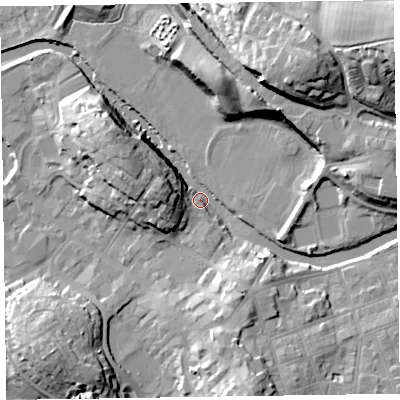 Shaded relief map of the ground around CA125LL, computed from Environment Agency LiDAR. The ground here sits at about 81 m above sea level and falls 29 m across the surrounding 800 m. Surface water reaching this point runs off ground lying to the south-south-east, 14.4 m higher.