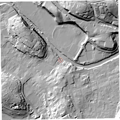 Shaded relief map of the ground around CA125LQ, computed from Environment Agency LiDAR. The ground here sits at about 82 m above sea level and falls 33 m across the surrounding 800 m. Surface water reaching this point runs off ground lying to the south-east, 16.9 m higher.