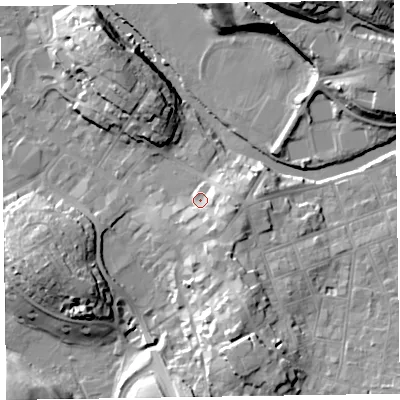 Shaded relief map of the ground around CA125LS, computed from Environment Agency LiDAR. The ground here sits at about 84 m above sea level and falls 24 m across the surrounding 800 m. Surface water reaching this point runs off ground lying to the east-south-east, 7.9 m higher.
