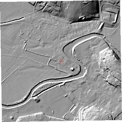 Shaded relief map of the ground around CA125LU, computed from Environment Agency LiDAR. The ground here sits at about 78 m above sea level and falls 24 m across the surrounding 800 m. Surface water reaching this point runs off ground lying to the east-north-east, 1.1 m higher.