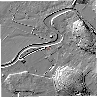 Shaded relief map of the ground around CA125NB, computed from Environment Agency LiDAR. The ground here sits at about 78 m above sea level and falls 18 m across the surrounding 800 m. Surface water reaching this point runs off ground lying to the north-east, 2.2 m higher.