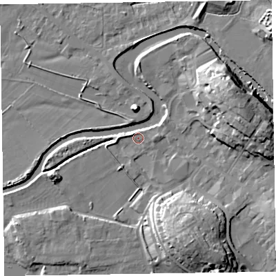 Shaded relief map of the ground around CA125NF, computed from Environment Agency LiDAR. The ground here sits at about 78 m above sea level and falls 18 m across the surrounding 800 m. Surface water reaching this point runs off ground lying to the west-north-west, 2.2 m higher.