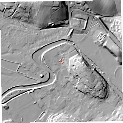 Shaded relief map of the ground around CA125NG, computed from Environment Agency LiDAR. The ground here sits at about 79 m above sea level and falls 28 m across the surrounding 800 m. Surface water reaching this point runs off ground lying to the east-south-east, 14.2 m higher.