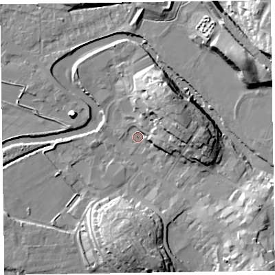 Shaded relief map of the ground around CA125NP, computed from Environment Agency LiDAR. The ground here sits at about 79 m above sea level and falls 23 m across the surrounding 800 m. Surface water reaching this point runs off ground lying to the north-east, 14.8 m higher.