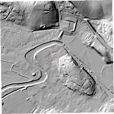 Shaded relief map of the ground around CA125NR, computed from Environment Agency LiDAR. The ground here sits at about 81 m above sea level and falls 27 m across the surrounding 800 m. Surface water reaching this point runs off ground lying to the south-east, 4.8 m higher.