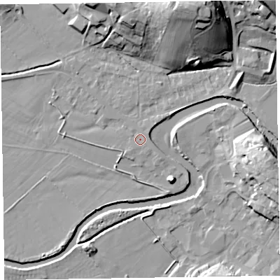Shaded relief map of the ground around CA125NY, computed from Environment Agency LiDAR. The ground here sits at about 78 m above sea level and falls 28 m across the surrounding 800 m. Surface water reaching this point runs off ground lying to the north-east, 1.1 m higher.