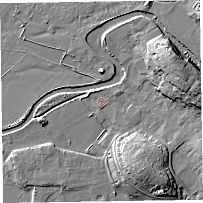 Shaded relief map of the ground around CA125NZ, computed from Environment Agency LiDAR. The ground here sits at about 78 m above sea level and falls 18 m across the surrounding 800 m. Surface water reaching this point runs off ground lying to the north-north-west, 2.2 m higher.
