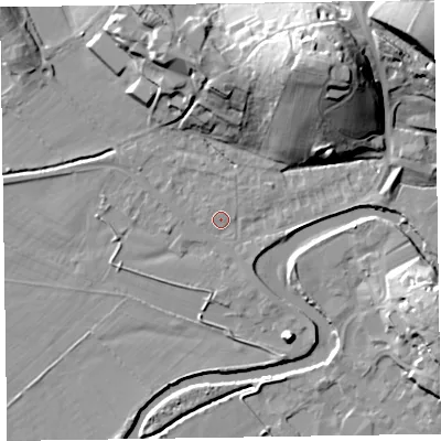 Shaded relief map of the ground around CA125PA, computed from Environment Agency LiDAR. The ground here sits at about 78 m above sea level and falls 28 m across the surrounding 800 m. Surface water reaching this point runs off ground lying to the east, 2.7 m higher.
