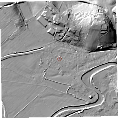 Shaded relief map of the ground around CA125PB, computed from Environment Agency LiDAR. The ground here sits at about 78 m above sea level and falls 28 m across the surrounding 800 m. Surface water reaching this point runs off ground lying to the east-south-east, 3.0 m higher.