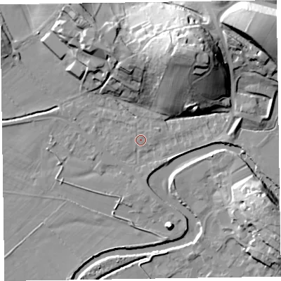 Shaded relief map of the ground around CA125PD, computed from Environment Agency LiDAR. The ground here sits at about 78 m above sea level and falls 28 m across the surrounding 800 m. The ground contributing surface water to this point lies to the east-north-east.