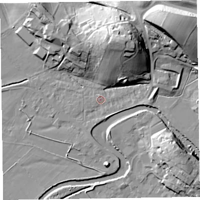 Shaded relief map of the ground around CA125PE, computed from Environment Agency LiDAR. The ground here sits at about 79 m above sea level and falls 28 m across the surrounding 800 m. Surface water reaching this point runs off ground lying to the west-south-west, 0.8 m higher.